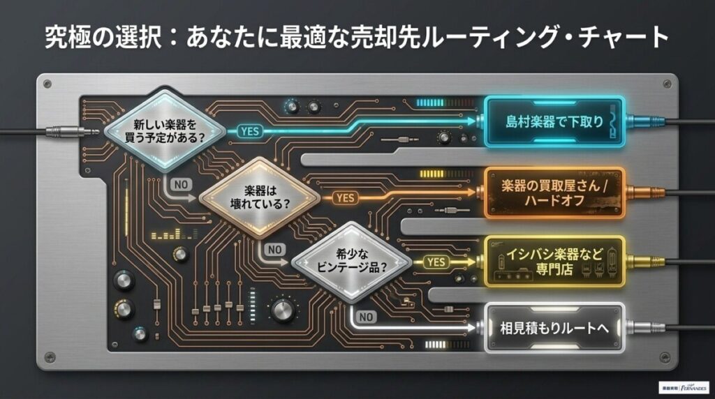 まずはココで無料査定！島村楽器と比較すべき出張買取専門店・厳選3社の図解
