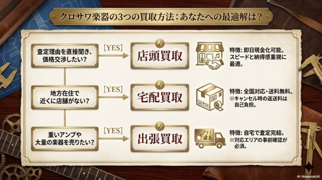 クロサワ楽器で選べる3つの買取方法