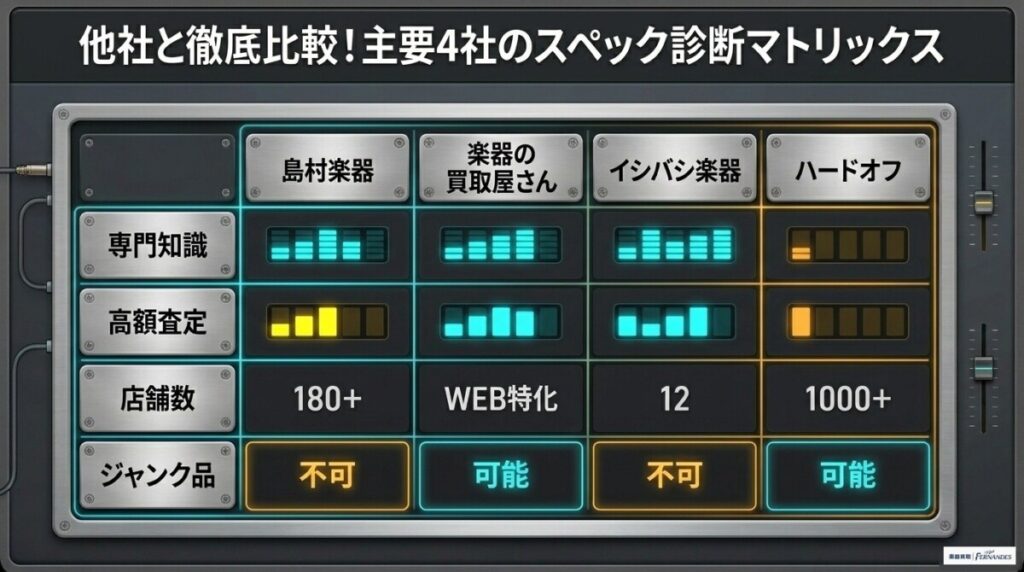 まずはココで無料査定！島村楽器と比較すべき出張買取専門店・厳選3社の図解