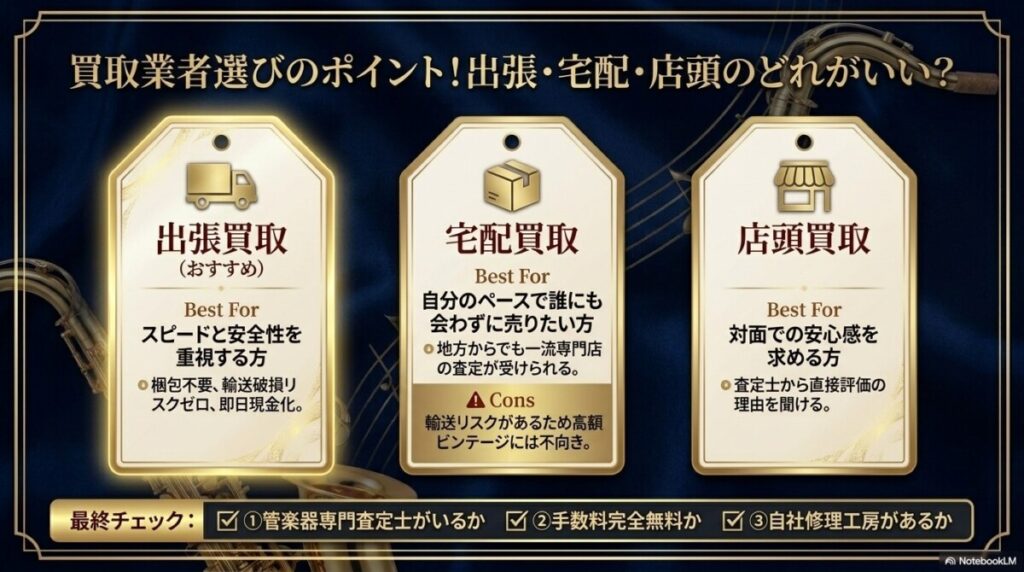 サックス買取業者選びのポイント!出張・宅配・店頭のどれがいい?