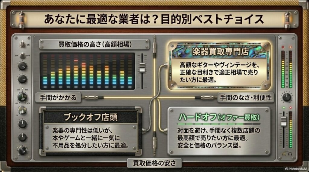 【徹底比較】ハードオフ（オファー買取） vs ブックオフ vs 楽器専門店！