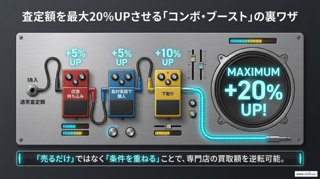 島村楽器の「下取り」は本当にお得？最大20%UP査定の罠と注意点の図解