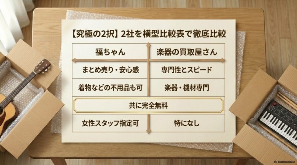 【究極の2択】福ちゃんと楽器の買取屋さんを横型比較表で徹底比較!