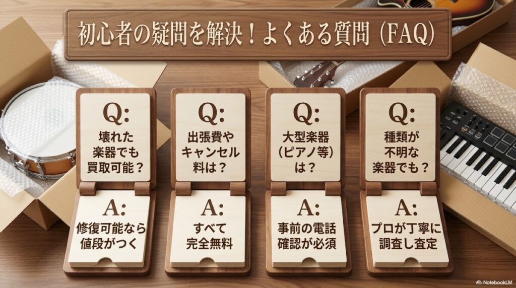 初心者の疑問を解決!福ちゃんの楽器買取に関するよくある質問(FAQ)
