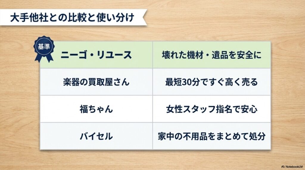 大手3社と徹底比較!ニーゴ・リユースと他社買取業者(バイセル・福ちゃん・楽器の買取屋さん)の違い