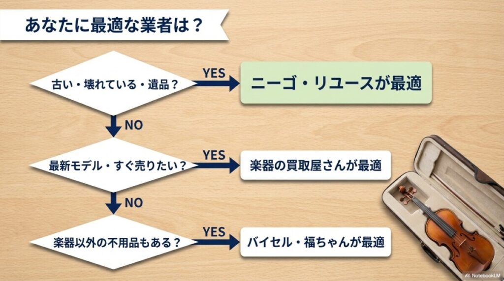 【読者のタイプ別診断】ニーゴ・リユースの楽器買取がおすすめな人と他社にすべき人