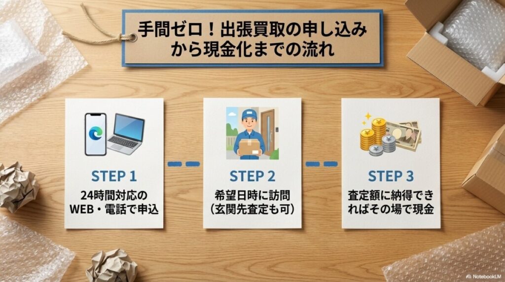手間ゼロ!ベスト買取の出張買取の申し込みから現金化までの流れ