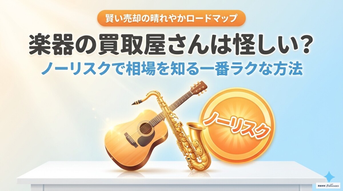 楽器の買取屋さんは怪しい？ノーリスクで相場を知る一番ラクな方法　アイキャッチ画像