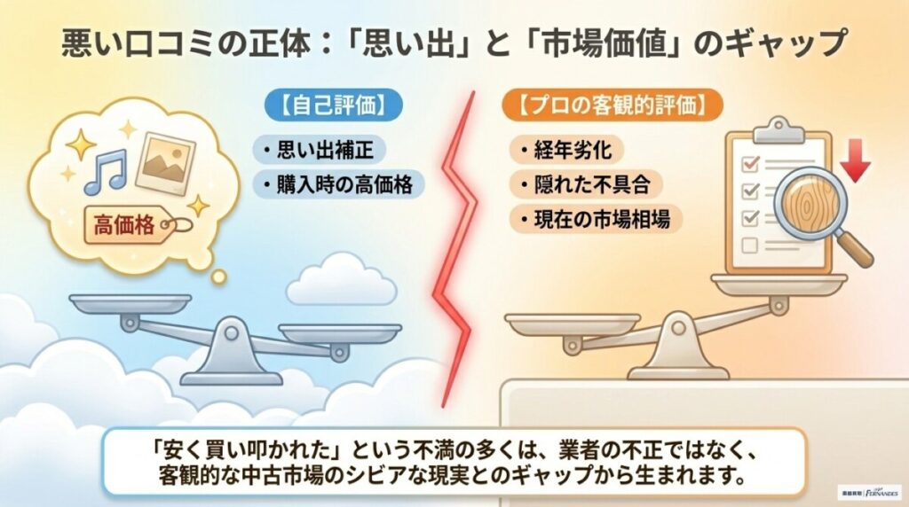 楽器の買取屋さんに関する悪い噂や「怪しい」というクチコミの正体　図解イラスト