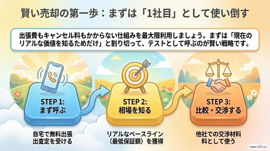 対面の恐怖心を消す！楽器の買取屋さんを相見積もりの「1社目」として使い倒す具体的な立ち回り　図解イラスト