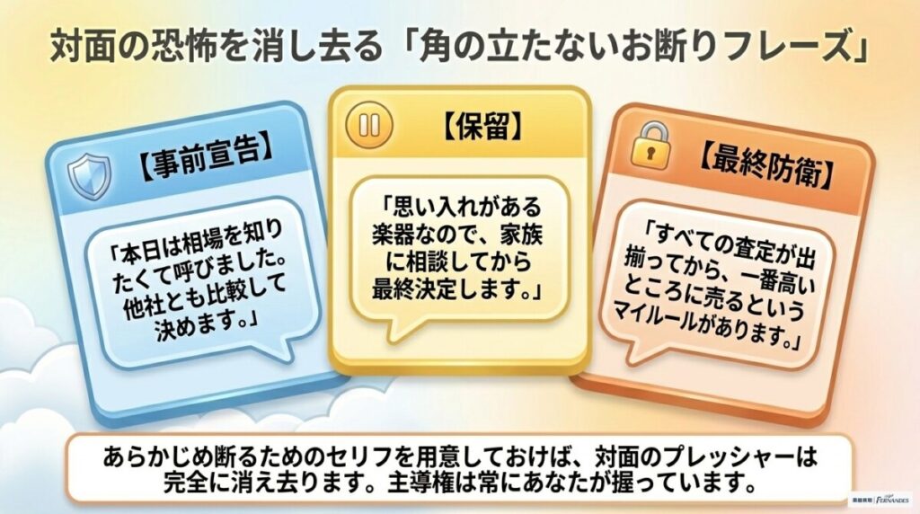 「押し買い」を回避！角を立てずに断るための具体的なトークスクリプト　図解イラスト