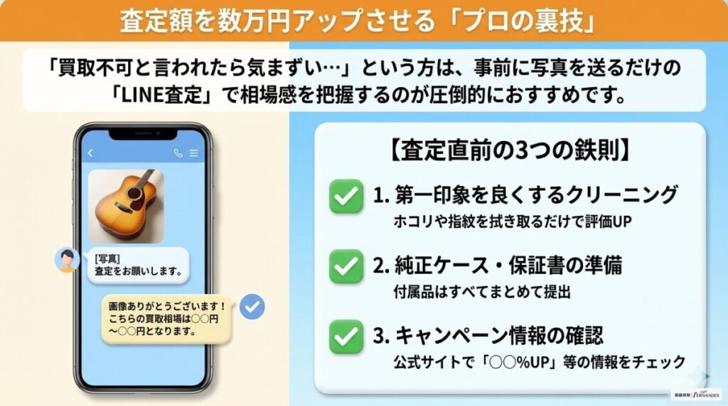 楽器の買取屋さんで高額査定を狙うための買取方法とコツ　図解イラスト