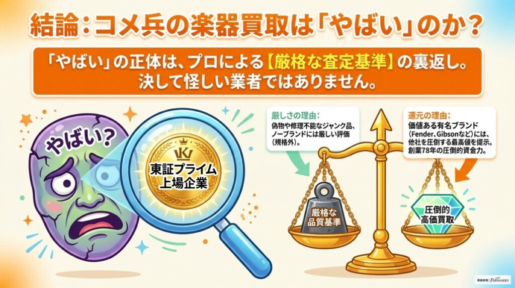 コメ兵の楽器買取はやばいと言われている理由　図解イラスト