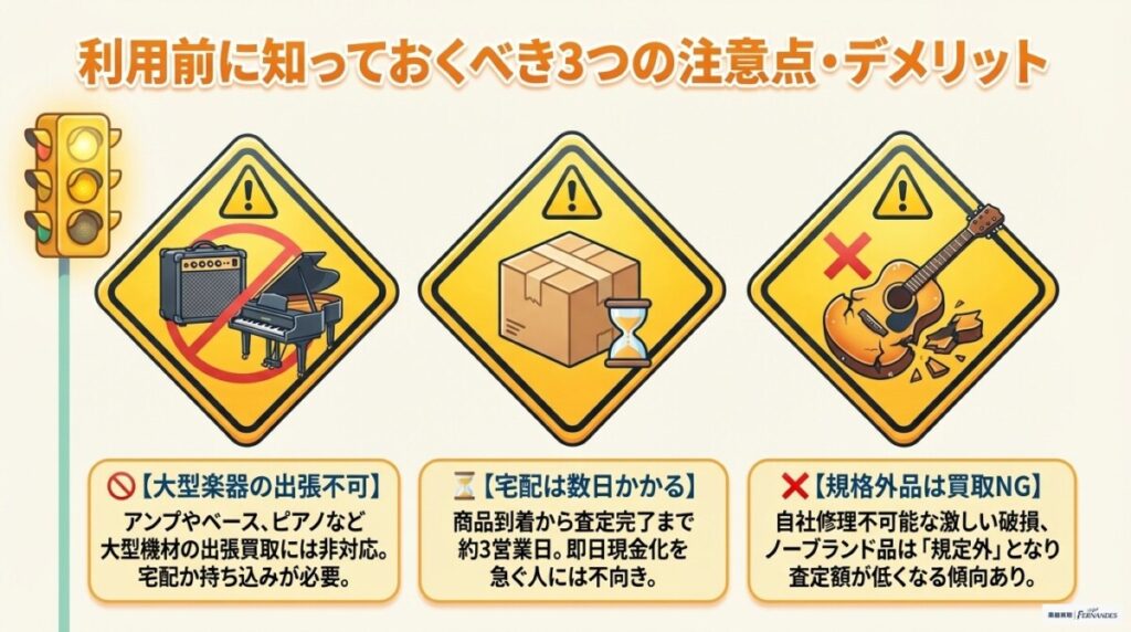 コメ兵で楽器を売る際の注意点・デメリット　図解イラスト