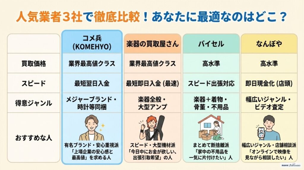 コメ兵 vs 楽器の買取屋さん・バイセル・なんぼや　図解イラスト