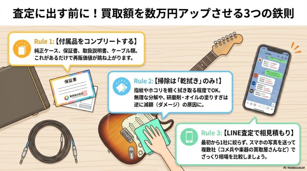 楽器の売り方と査定額アップのコツ　図解イラスト