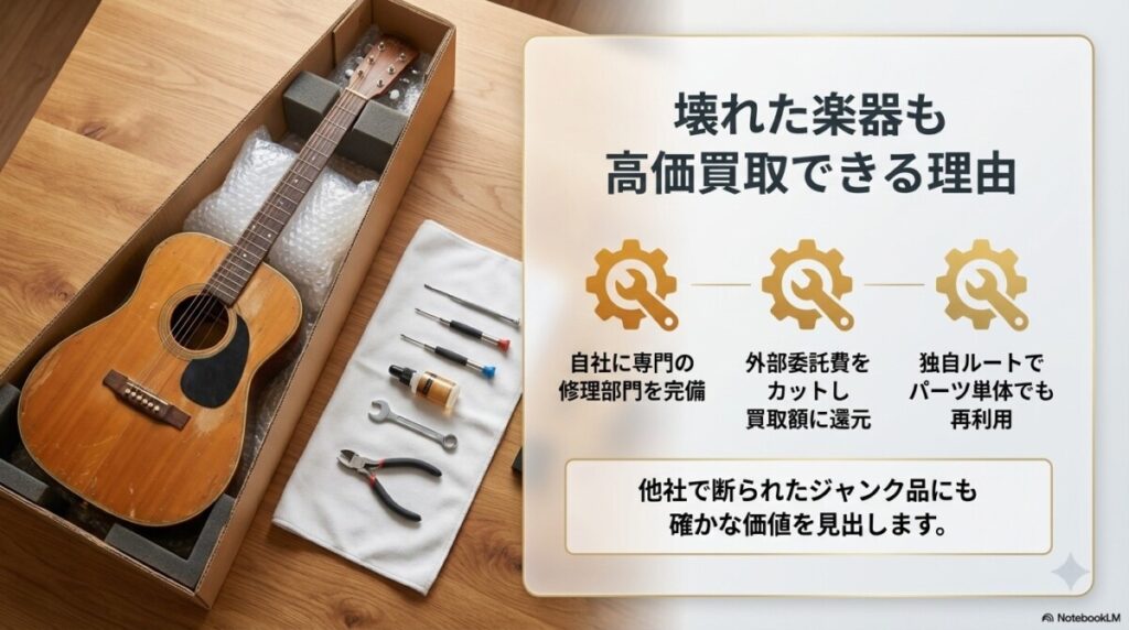 専門スタッフと自社リペア（修理部門）によりジャンク品や壊れた楽器も高価買取