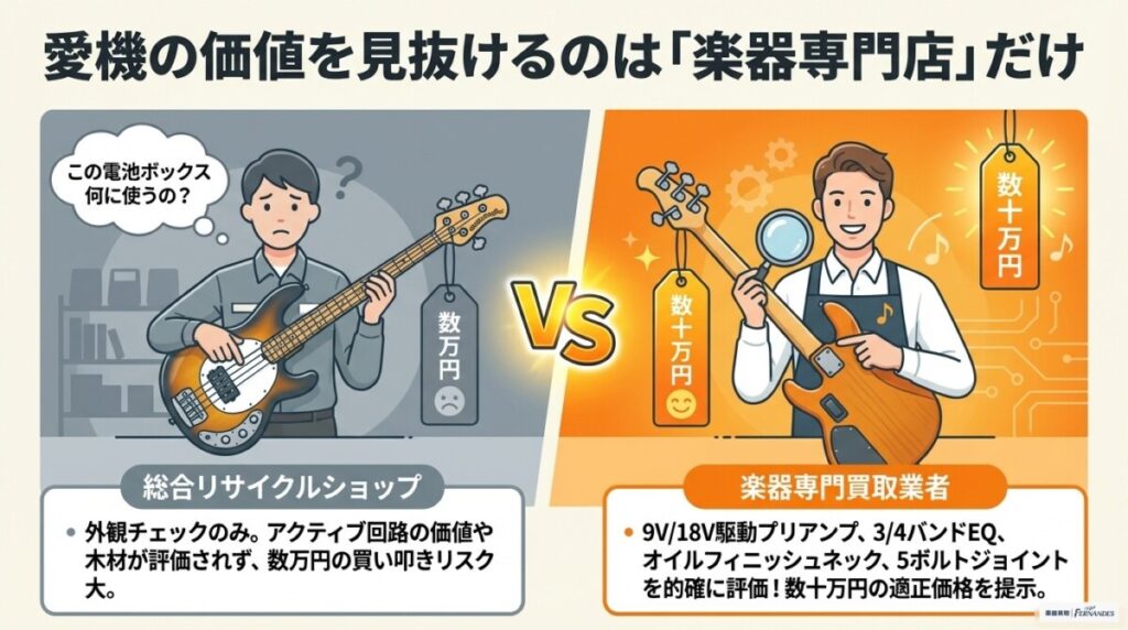 ミュージックマン特有の価値を評価できるのは楽器買取専門店のみ　図解イラスト