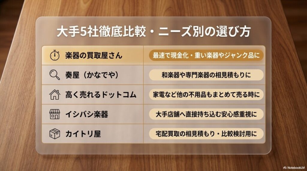 楽器の買取屋さんと大手5社を徹底比較！特定ニーズ別の選び方