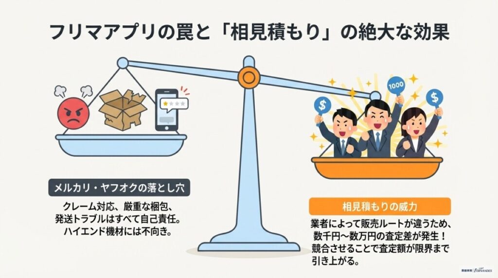 フリマアプリの落とし穴と買取専門店での相見積もりの重要性　図解イラスト