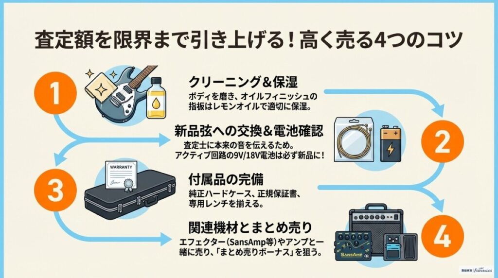 ミュージックマンの買取査定額を限界まで引き上げる！おすすめの高く売るコツ　　図解イラスト