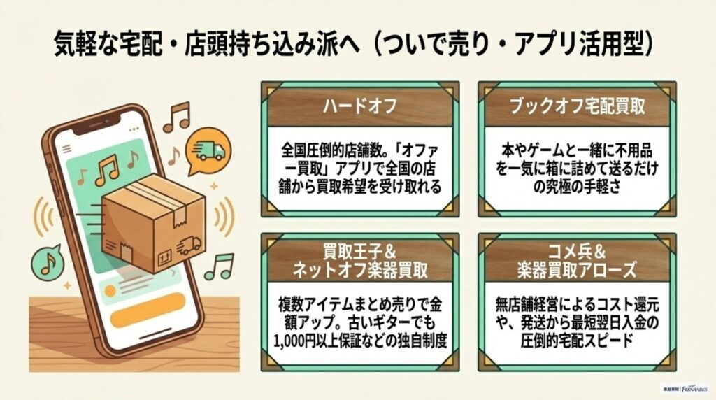 宅配・店頭で気軽に売れるモーリス関連の買取おすすめ業者　図解イラスト