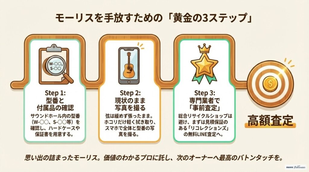 モーリスのギターを一番高く売るおすすめの方法　図解イラスト