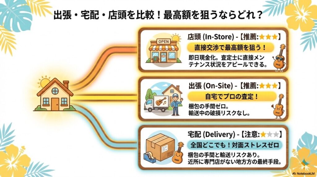 カマカの買取方法を比較（出張/宅配/店頭）！最高額を狙うならどれ？　図解イラスト