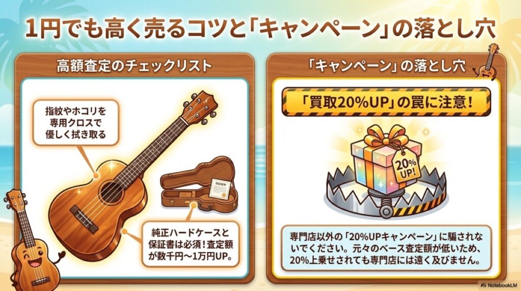 カマカのウクレレを1円でも高く売るコツとキャンペーンの落とし穴　図解イラスト
