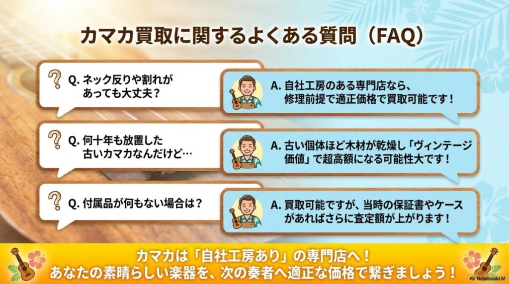 カマカ買取に関するよくある質問（FAQ）　図解イラスト