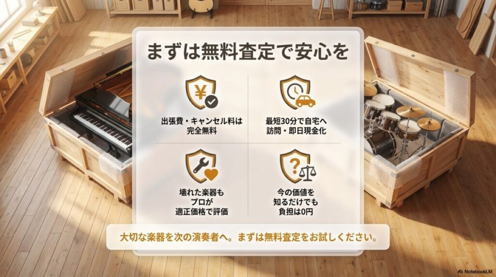 【まとめ】楽器の買取屋さんは出張費・キャンセル料完全無料！まずは無料査定で安心を