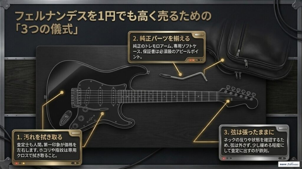 フェルナンデスのギターを1円でも高く売る3つの鉄則の図解。