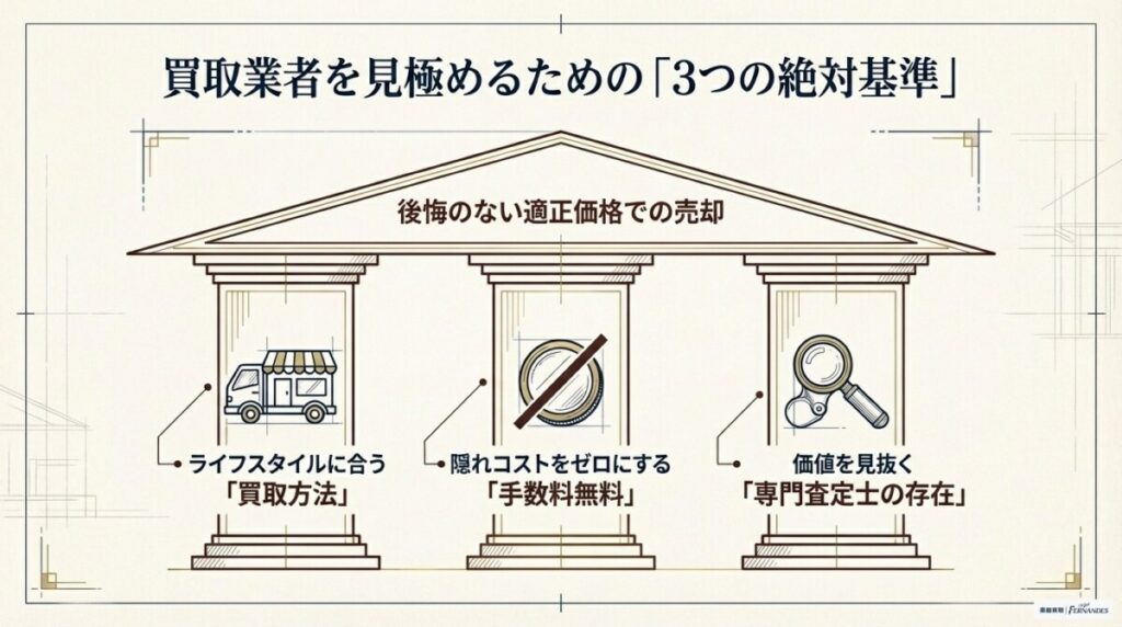 フェルナンデス買取業者の正しい選び方3つの基準の図解。