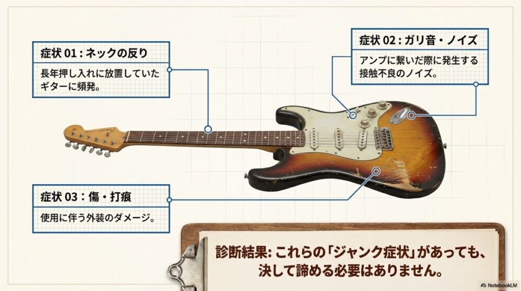 傷あり・音が出ないフェルナンデスギターも買取可能？状態別の対処法の図解。