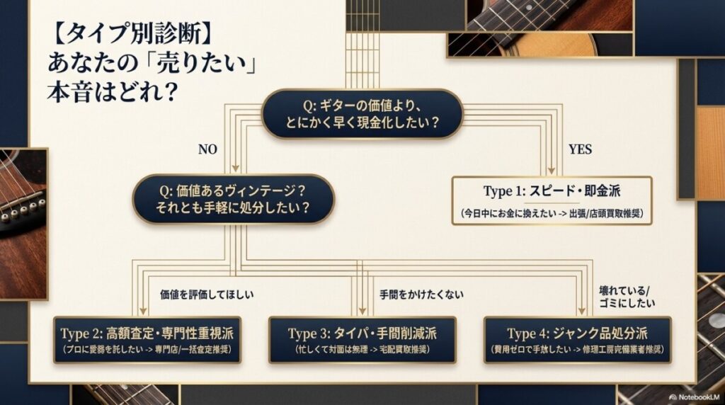 【タイプ別診断】出張や宅配など目的に合うギター買取業者の選び方