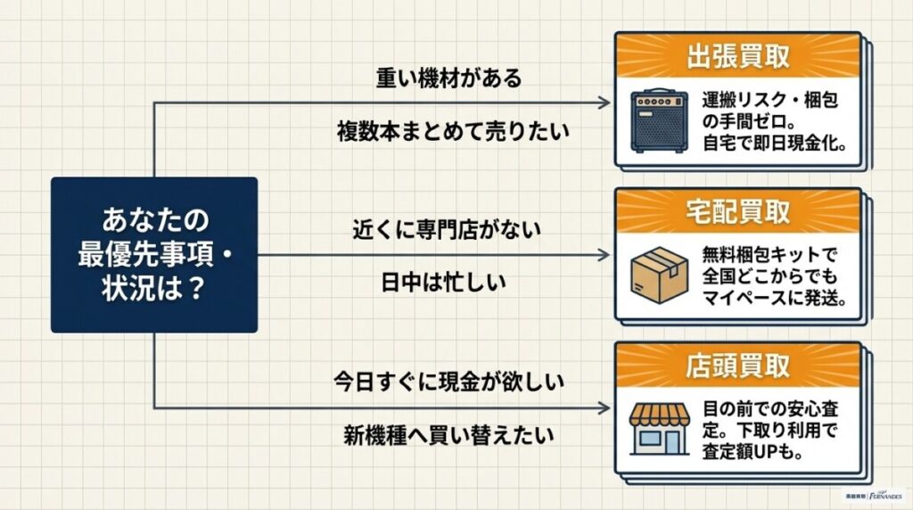 失敗しないベースの売り方は？出張買取・宅配買取・店頭買取の違い