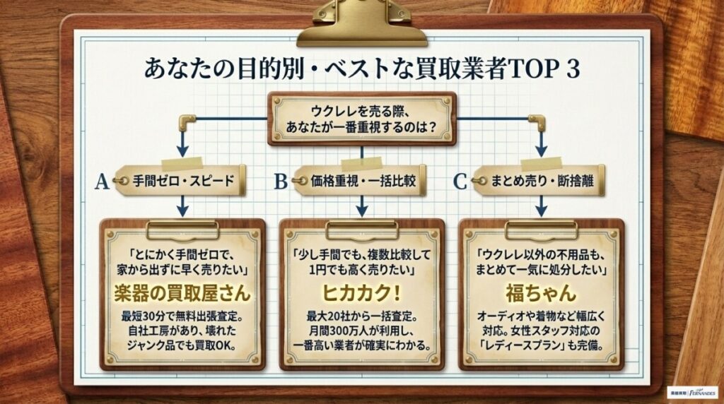 ウクレレ買取のおすすめはどこ？迷わないための目的別BEST3