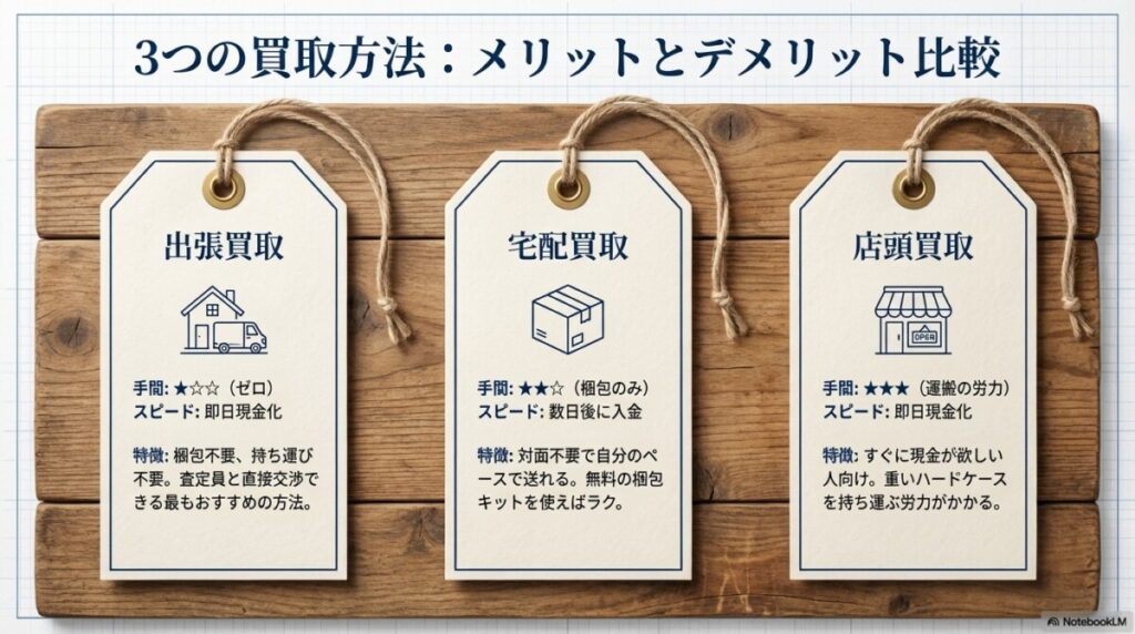 2. 自分の希望に合う買取方法（出張・宅配・店頭）が選べるか