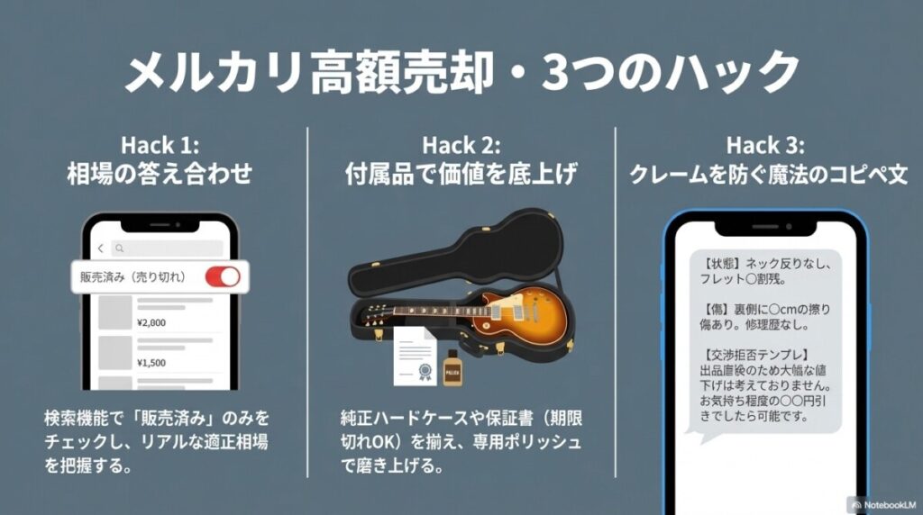 メルカリでギターを相場より高く売るコツ【コピペ用テンプレート完備】