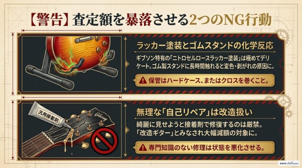 無理な自己リペアは危険！ギブソンのニトロセルロースラッカー塗装とゴム製スタンドの注意点