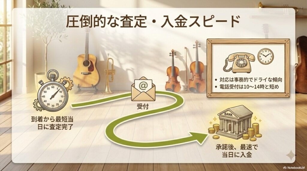 楽器買取アローズの口コミ評価軸②：査定・入金スピードと対応の丁寧さ