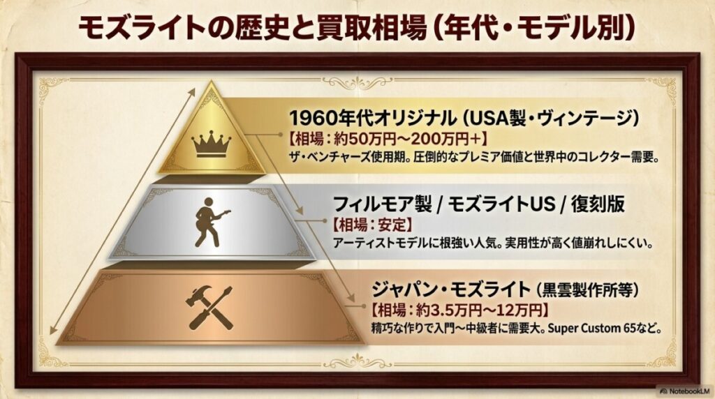 モズライト（Mosrite）の買取相場と高価買取の実績一覧の図解。