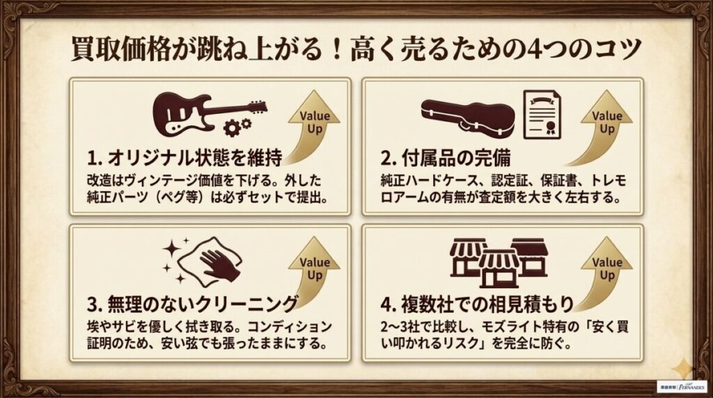 モズライトを高く売るための4つのコツと注意点の図解。