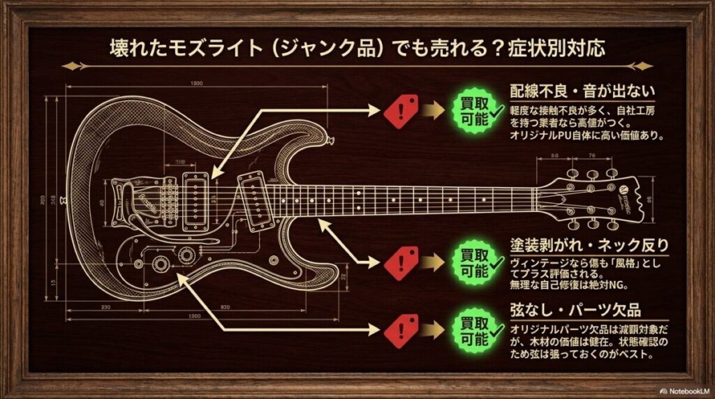壊れたモズライト（ジャンク品）でも買取可能？よくある症状と査定の影響についての図解。