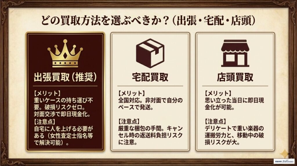 モズライトの買取方法はどれがいい？出張・宅配・店頭のメリットとデメリットについての図解。