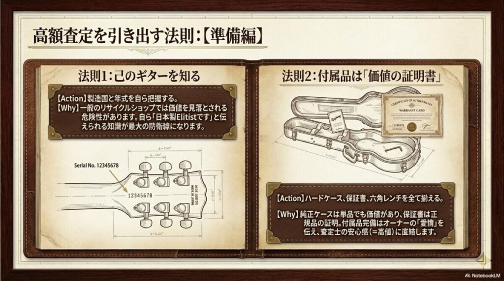 製造国（日本製Elitist・USA製等）と年式を把握して専門査定へ