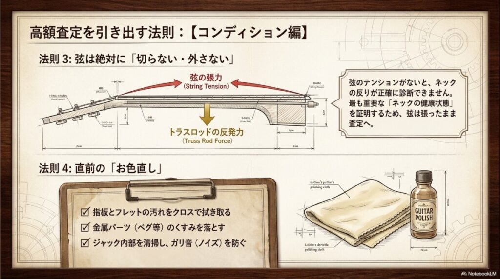 弦は切らずに張ったまま！ネックやフレットの状態を適正評価させる