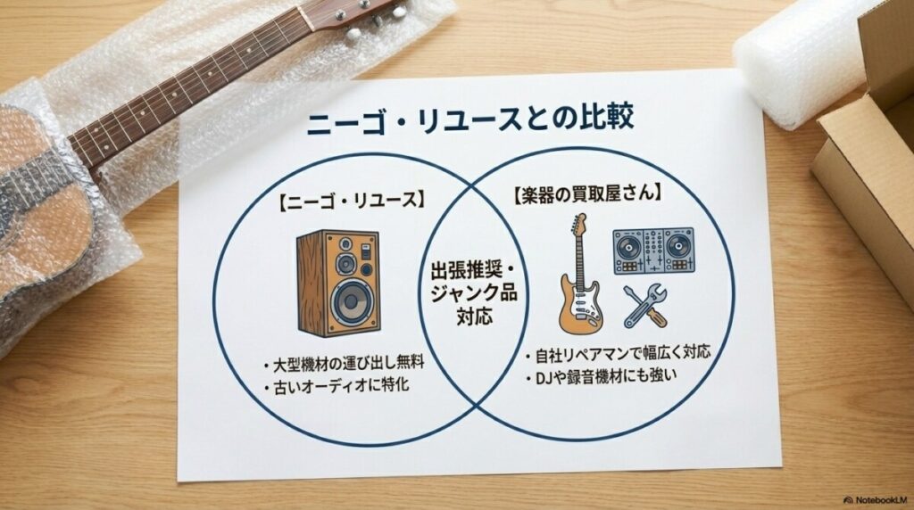 ニーゴ・リユースとの比較は?ジャンク品や古い楽器の対応はどう違う?