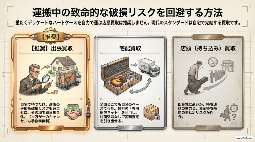 迷ったらどれ？タカミネ買取の出張・宅配・店頭のメリット比較