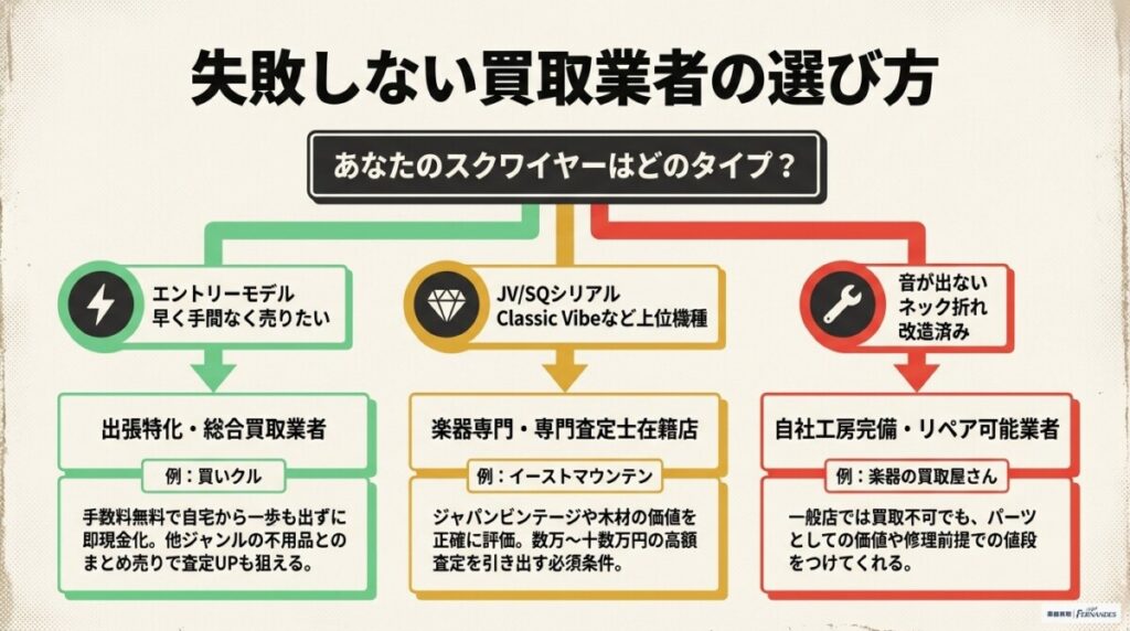 結論ファースト！あなたのスクワイヤーの本当の価値は？最適なおすすめ買取業者診断【3タイプ】の図解